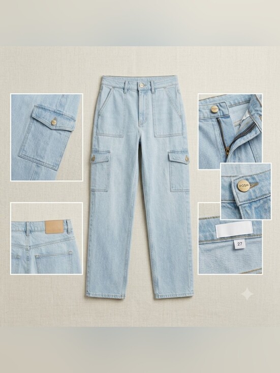 Zara Denim - Zara Light Blue Wide Leg Cargo Jeans